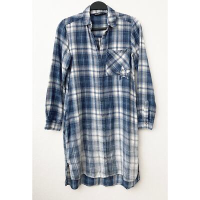 Zara Basic Women's Plaid Light Flannel Shirt Dress Blue White Ombre Star Patch