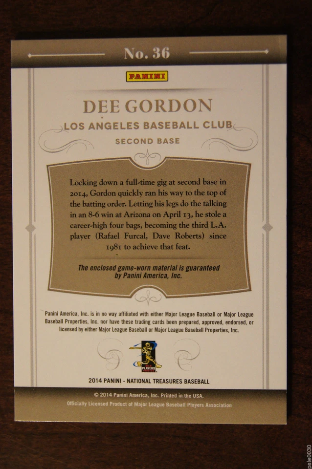 Parche usado juego colosal Panini National Treasures 2014 DEE GORDON #10/10 Foto 2 de 2