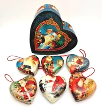 Vtg Set of 6 Decoupage Retro Santa Clause Ornaments in Heart Box C&F Enterprises