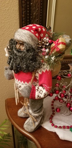 African American 18" Ski Santa. Red/White Snowflake Sweater, Fur Boots, Mittens - Picture 3 of 8