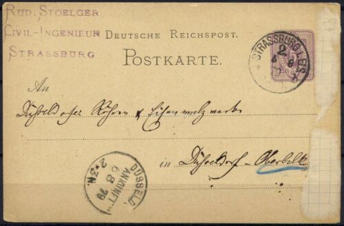 Cancelleria postale Germania Impero tedesco, 1879. Da Strasburgo a Dusseldorf. Rud St - Foto 1 di 2
