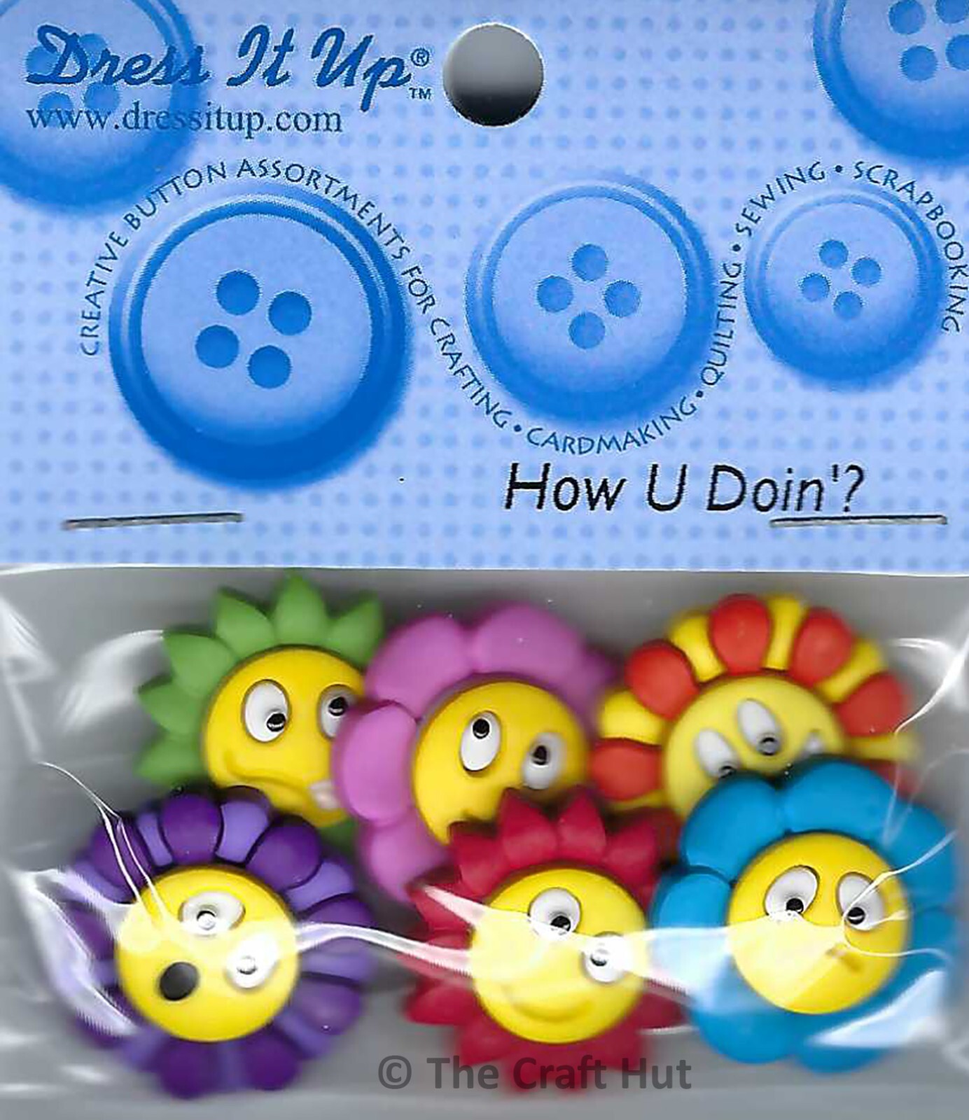 Dress It Up How U Doin'? 6 Round Colourful Novelty Shank Buttons New