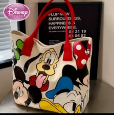 DISNEY TOTE BAG WITH RED STRAP & ZIPPER-MICKEY,PLUTO,DONALD,GOOFY,MINNIE-CANVAS