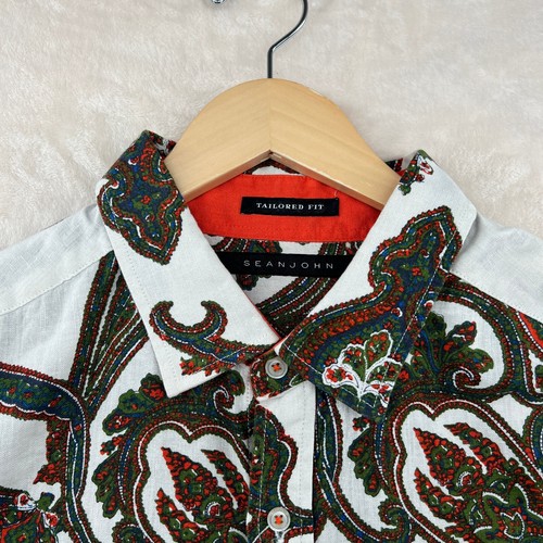 Sean John Men's Size 2XL White Paisley Linen/Cotton Tailored Fit Casual Shirt - Picture 4 of 15
