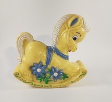 Vtg 1960's Plastic Rocking Horse Chimes Rattle Jingle Toy Yellow w/Blue Flowers