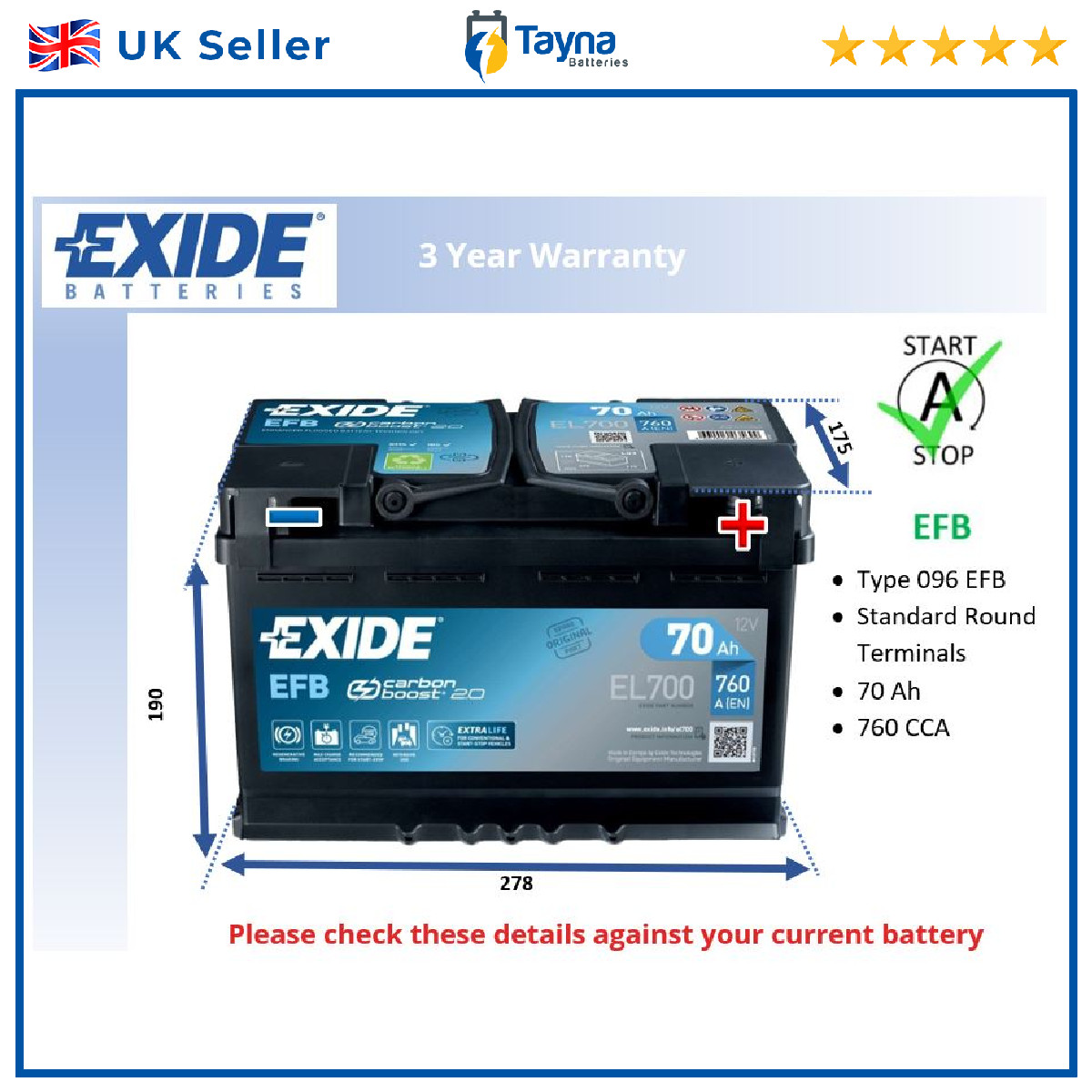 EFB Battery fits DS DS3 DS4 DS7 CROSSBACK DS5 DS7 DS9 2015 on Stop Start 096 EFB