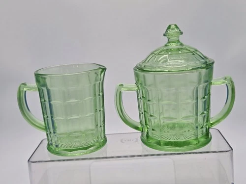 Vintage Uranium Hazel Atlas Green Sugar & Creamer Set Depression Colonial Block