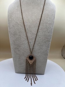 Vintage Style Gold Tone Necklace with Black Pendant and Chain Fringe