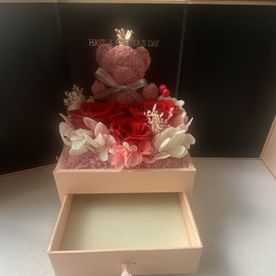 Artificial Rose Flower Box Arrangement w/ Pink Teddy Bear Love Theme 8'' x 5''