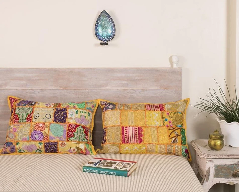 Винтажная лоскутная наволочка 16 x 24 дюйма декоративная индийская вышивка богемная подушка - Изображение 2 из 4