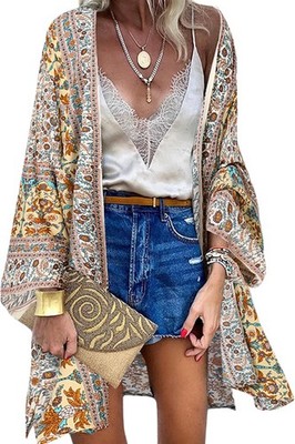 ZANZEA Damen Boho Kimono Strickjacke Strandkleid