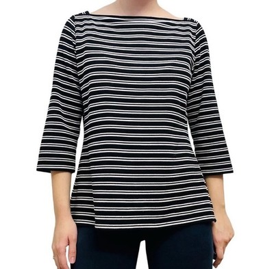 St John Knit Shirt Top Black White Striped Minimalist Fall 3/4 Sleeve P