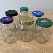 Lot of 6 Various Glass Jars Clear Welch's Teddie's for Crafting or Canning Clean