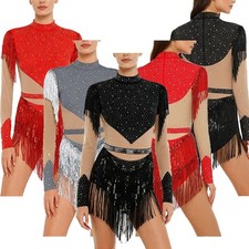 Women Figure Skating Bodysuit Rhinestone Sequin Tassel Long Sleeve Latin Leotard