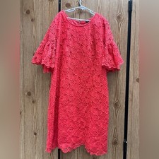 Ann Taylor petite in Vibrant Pink Lace Dress zip back bell sleeves