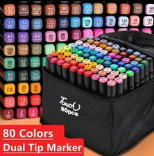 80pc Colouring Pens Dual Tip Markers Felt tip Fine Broad Art Set for Adults Kids