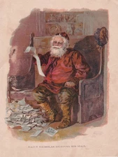 SANTA CLAUS READING HIS MAIL CHRISTMAS LITHOGRAPH ANTIQUE  SANTA ART PRINT 1899