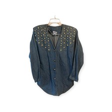 Vintage Bingo Bingo Denim Shirt Women 9/10 Studded Stars Rhinestone USA Made 80s