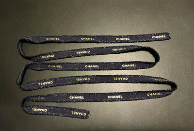 CHANEL Black Fabric Sparkle Gift Ribbon Logo Pattern Gold Text - BEAUTIFUL