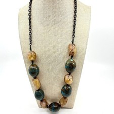 Vintage Chunky Blue & Amber Resin Statement Necklace Boho Earthy Retro Lobster
