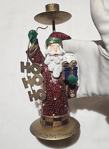 Rustikaler Weihnachtsmann HO HO HO 9" Kerzenhalter rotes Gewand Harz und Metall WEIHNACHTEN - Bild 1 von 7