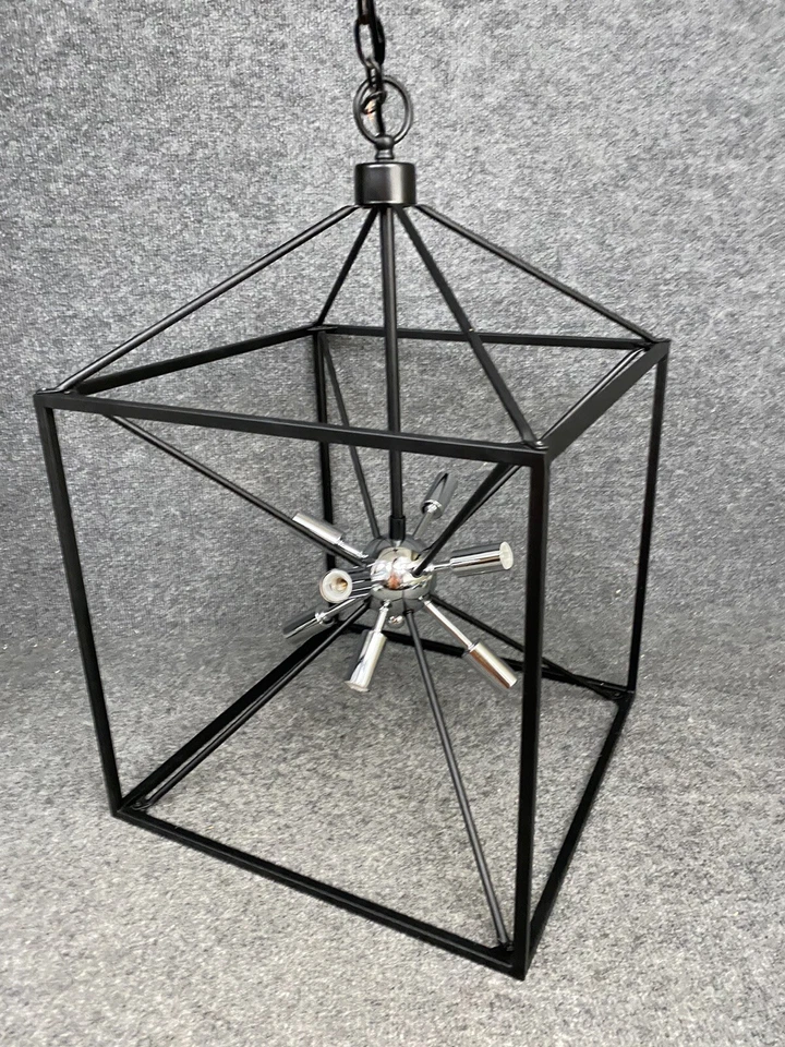 Lámpara colgante Mid Century moderna de 16" Sputnik 8 bombillas plateadas cromadas con marco negro Foto 2 de 4