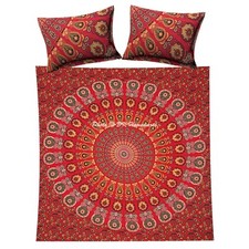 Ethnic Indian Peacock Feather Quilt Duvet Cover Red Comforter Set Queen Size