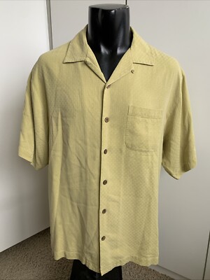Tommy Bahama Relax 100% Silk Button Down Medium Shirt Chartreuse Basket weave