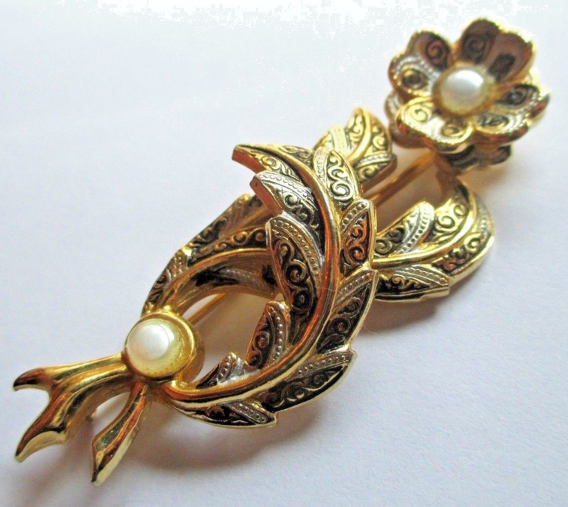 Broche Vintage En Or De Tolède Avec Perle Nacrée Blanche - Modèle 2382 - Parfait état