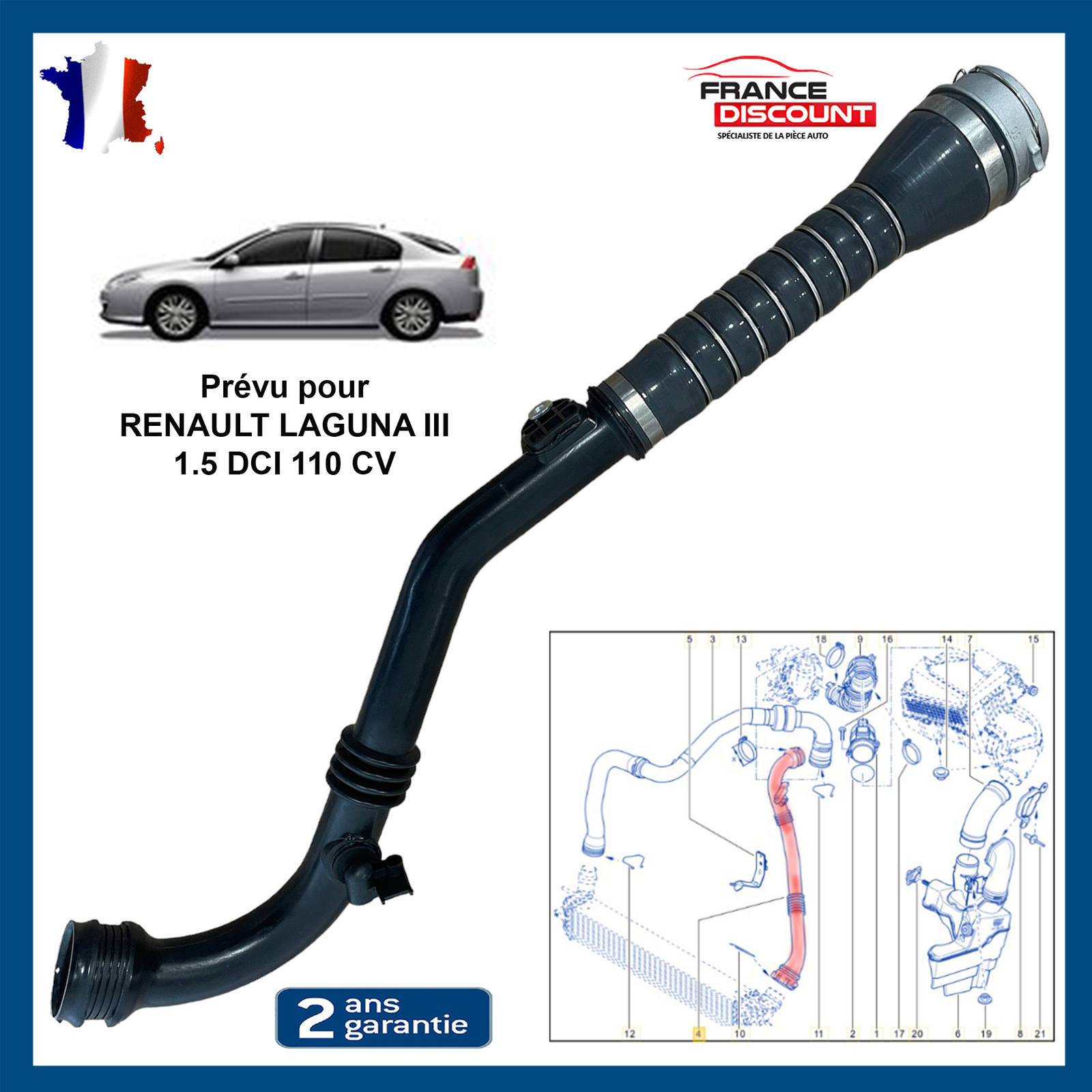 Tuyau intercooler Renault Laguna III 1.5 dCi 110 durite d'air noire 8200766662