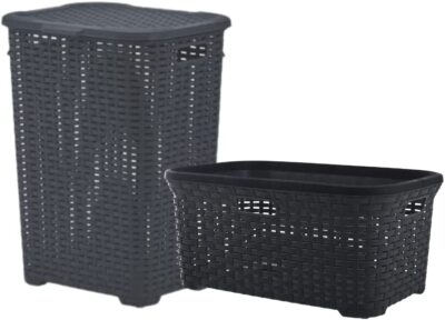 Plastic Wicker 60L Laundry Hamper and Basket (50L) with Cutout Handles- Grey