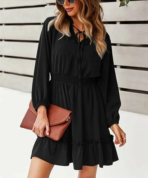 Supreme Fashion Black Ruffle Tie Neck Smock Waist Bishop Sleeve Dress Women's L