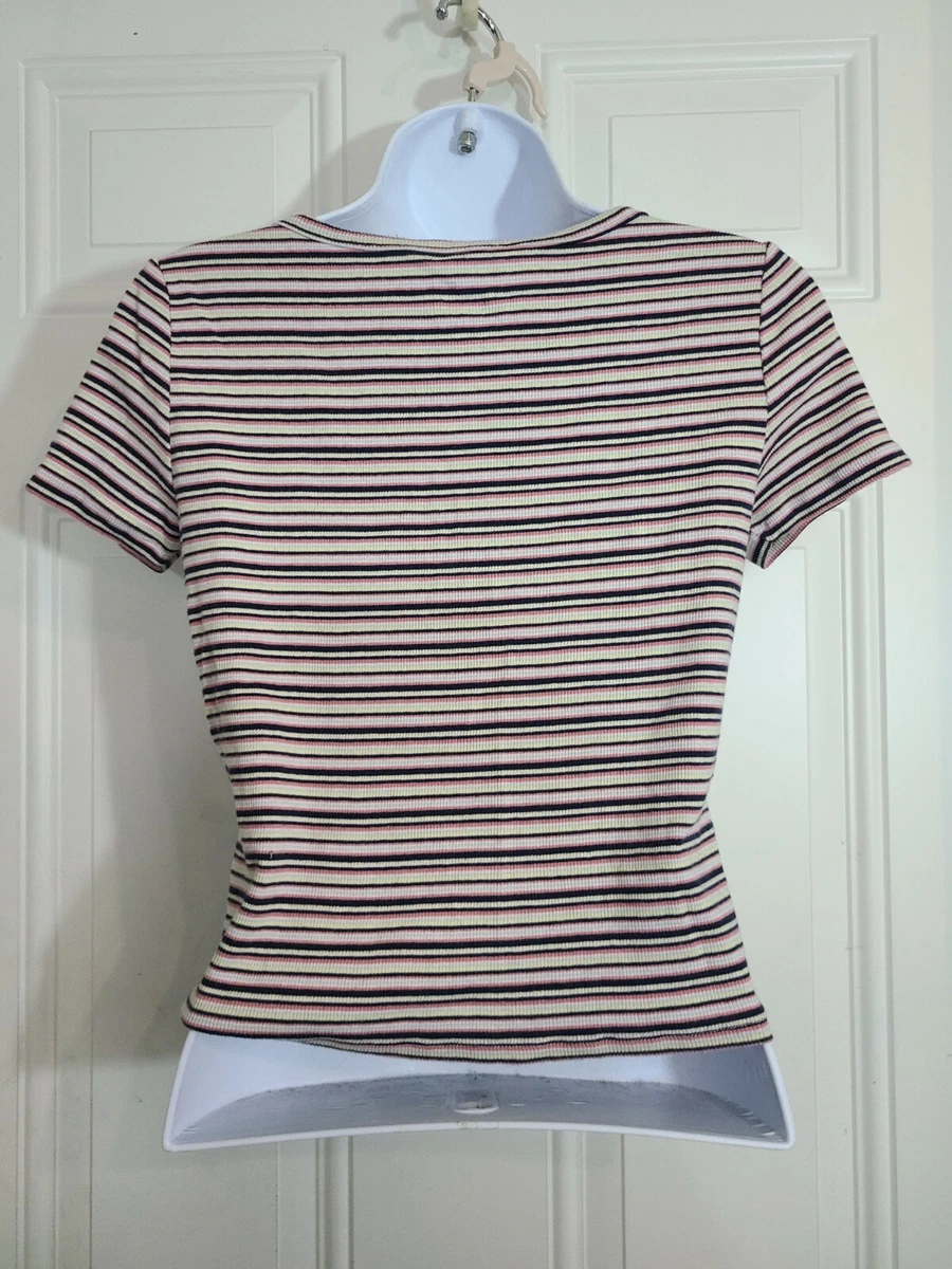 Hollister Women s Baby Tee Striped Multicolor Button Down T Shirt Size Medium M