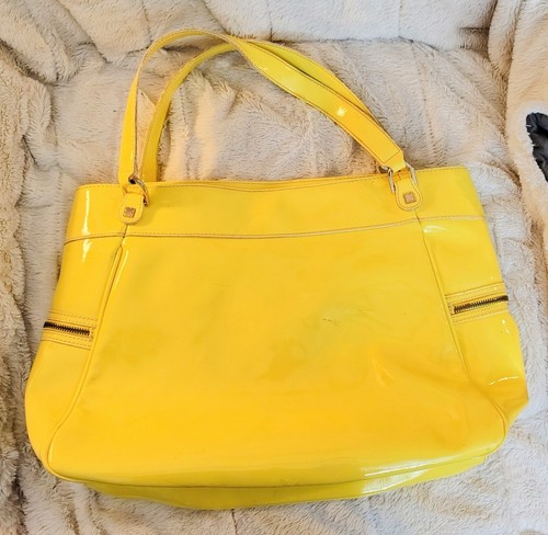 Vintage Retro Liz Claiborne Neon Yellow Boho Faux Patent Leather Satchel Purse - Picture 16 of 18
