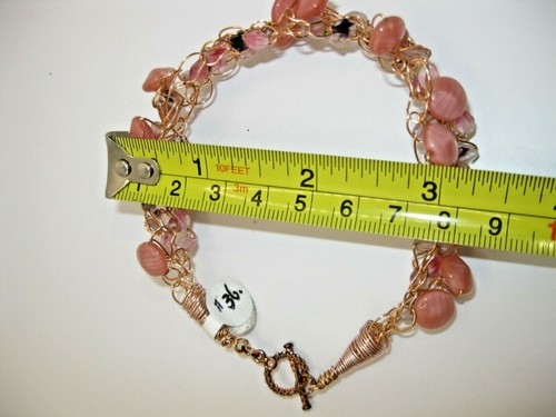 Handmade Pink Czech Glass Bracelet Crocheted Rose Gold Wire Toggle Clasp 9.5" - Picture 9 of 9