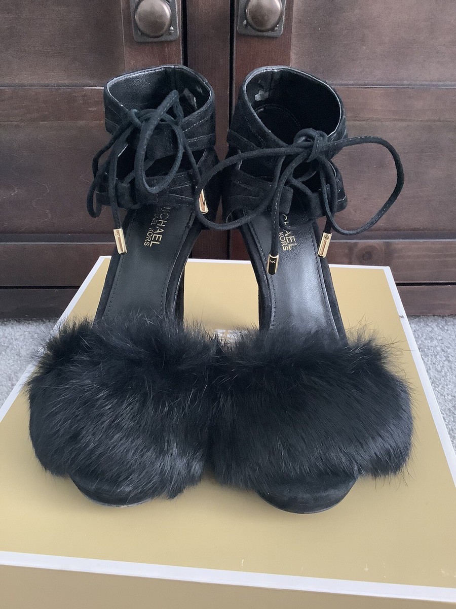 MICHAEL KORS Women's REMI Rabbit Fur Suede Sandal Size High Heel