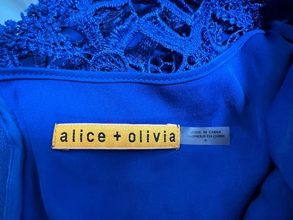 Alice + Olivia Womens 8 Blue Cap Sleeve Lace Scalloped Cocktail Sheath Dress S Foto 4 de 4