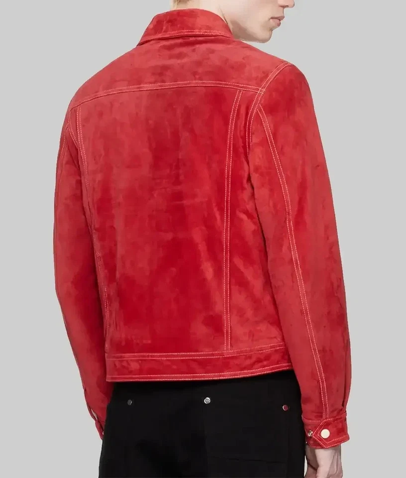 Mens Red Leather Trucker Jacket Pure Suede Custom Made Size S M L XL 2XL 3XL - Image 2 of 4