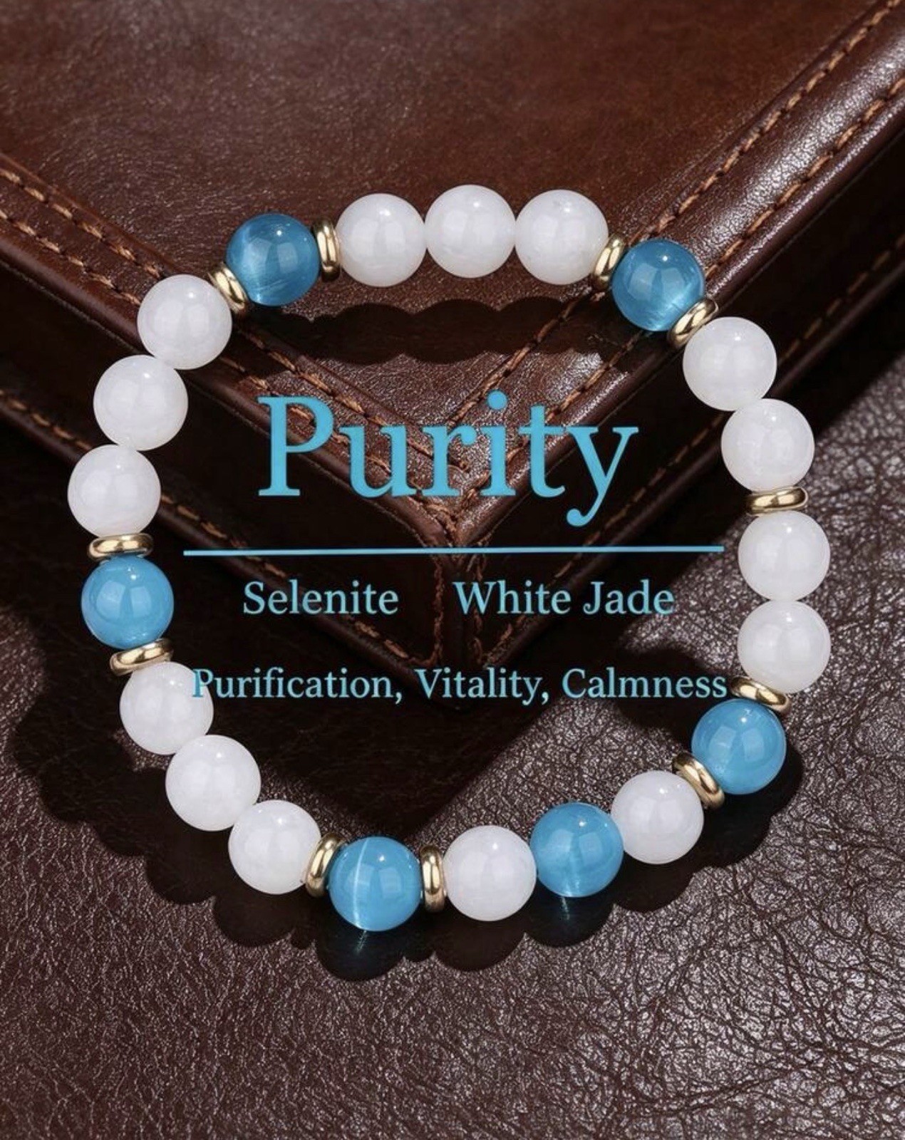 Bracelet sélénite bleu et jade blanc cadeau d'anniversaire pierres naturelles
