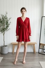 Shein Women’s Red V-Neck Long Sleeve Solid Polyester Ruffle Hem Mini Dress S