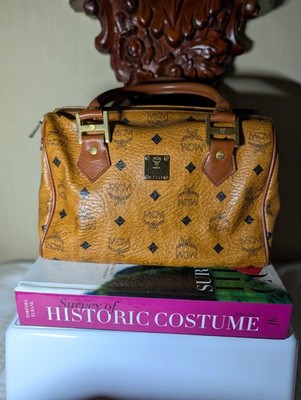 MCM Monogram Boston Bag Visetos Leather Cognac