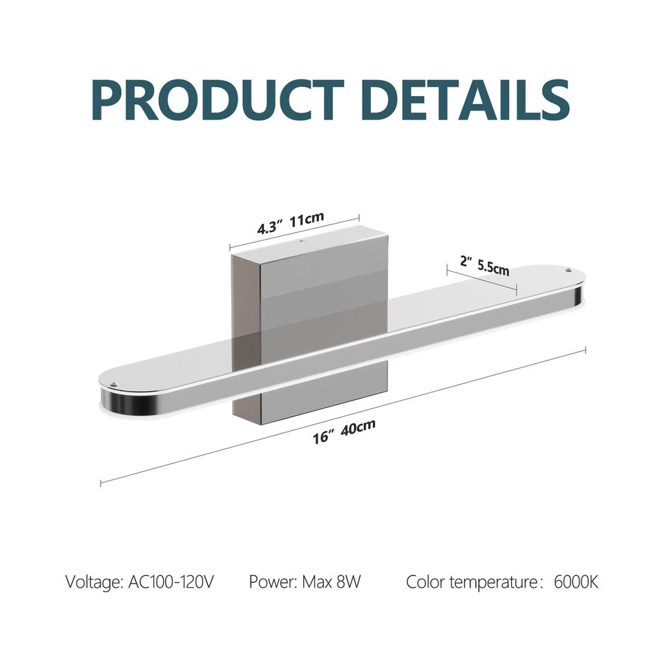 16-дюймовый светодиодный светильник для туалетного столика зеркало для ванной хром настенное бра регулируемая яркость крепление - Изображение 2 из 4