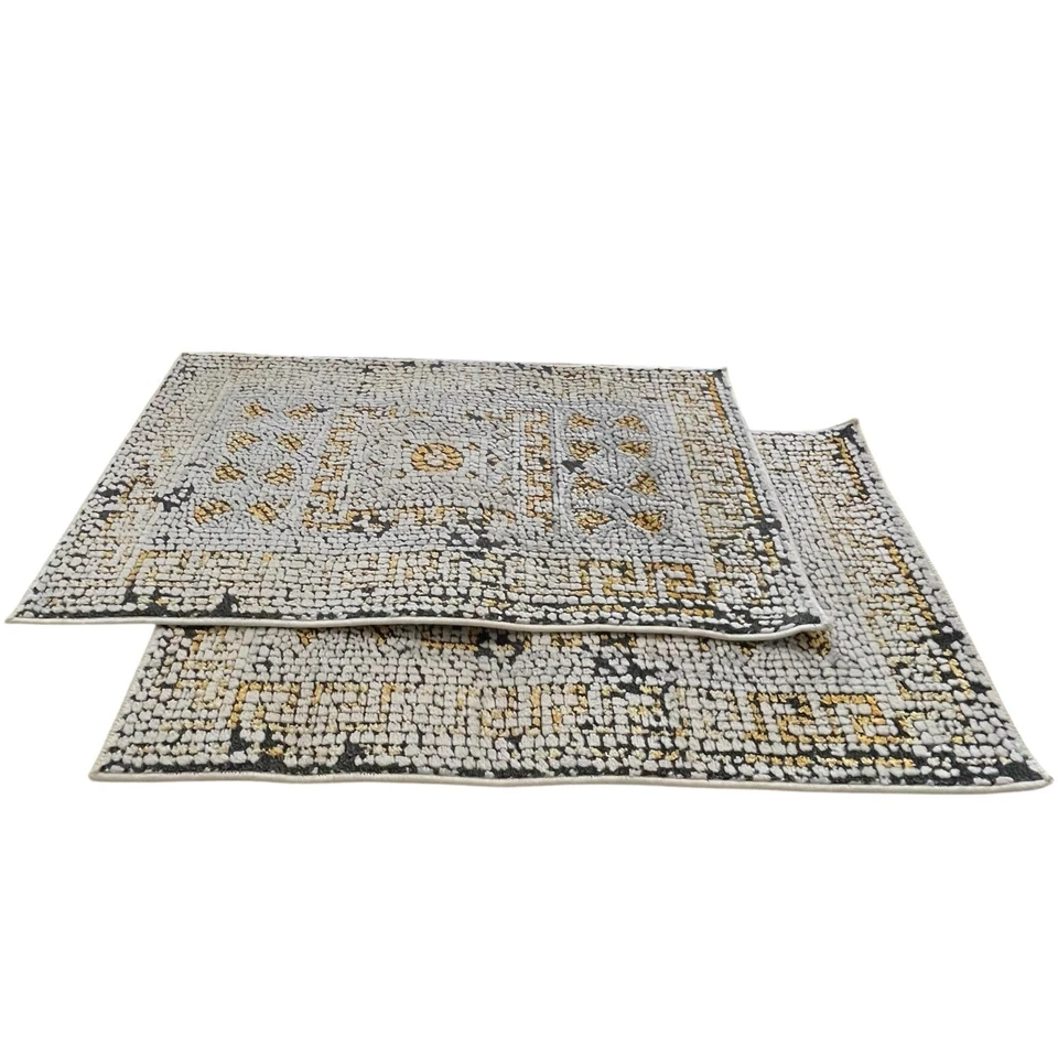 LOTE DE 2 ALFOMBRAS SURYA VENEZIA 2 X 3 GRIS Y AMARILLO MOSAICO PATRÓN DE LLAVE GRIEGA USADAS EN EXCELENTE ESTADO Foto 3 de 4