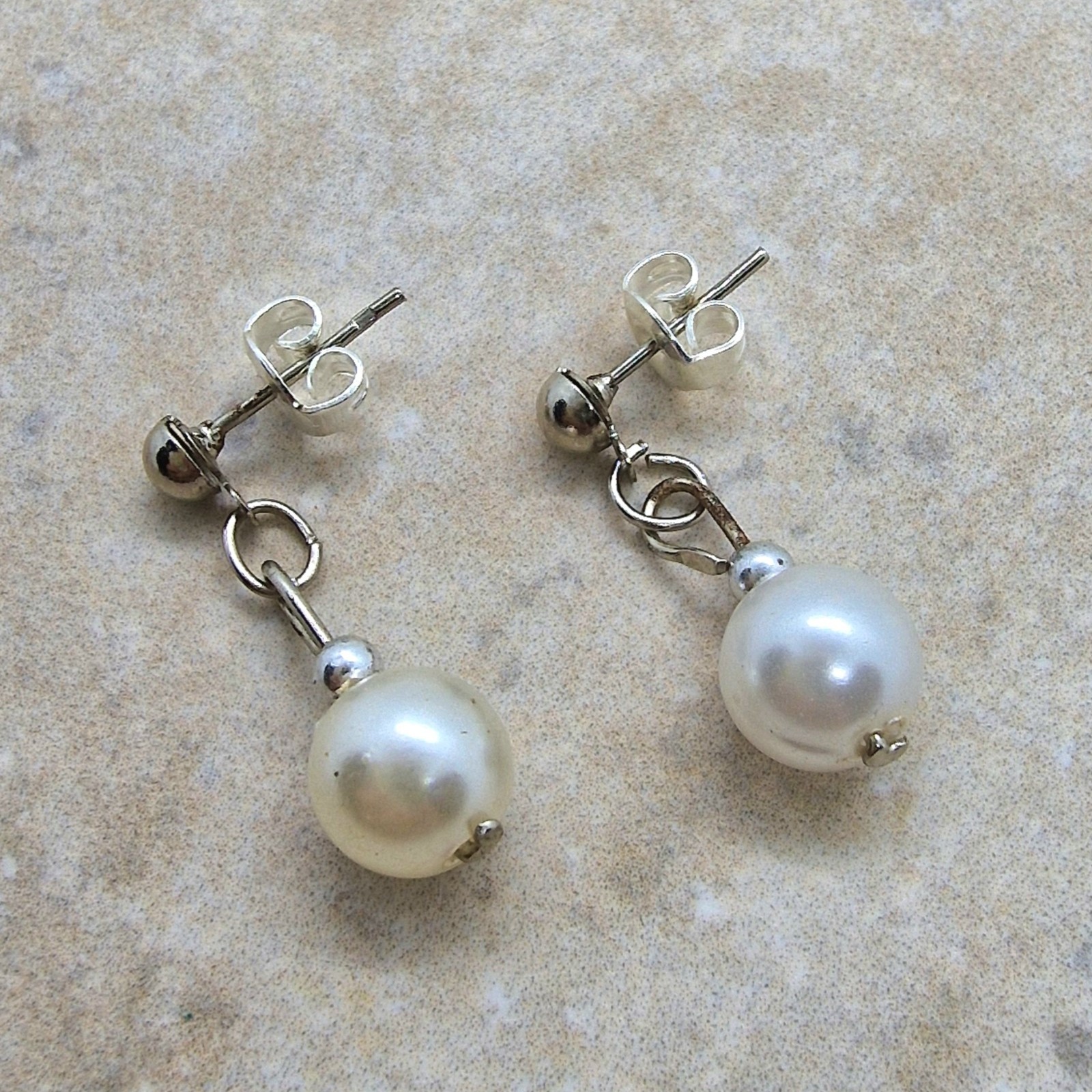 Silver Tone Butterfly Stud Earrings with Faux Pearl Bead Dangle Drop