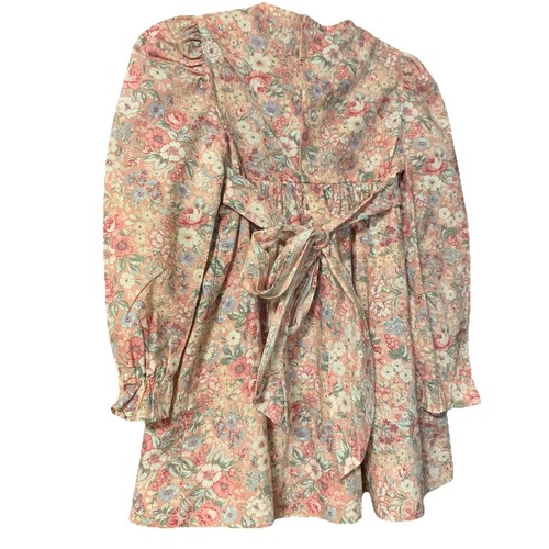 Vtg Polly Flinders Hand Smocked Floral Dress Size 4 Long Sleeve Prairie Bib - Picture 2 of 12