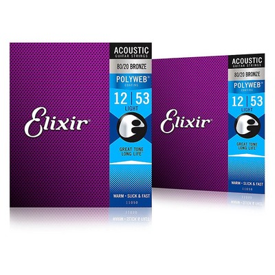 Elixir 80/20 Bronze Acoustic Guitar Strings w/POLYWEB Coating, Light 2-Pack