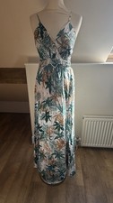 Leafy print long dress, adjustable straps, size 10