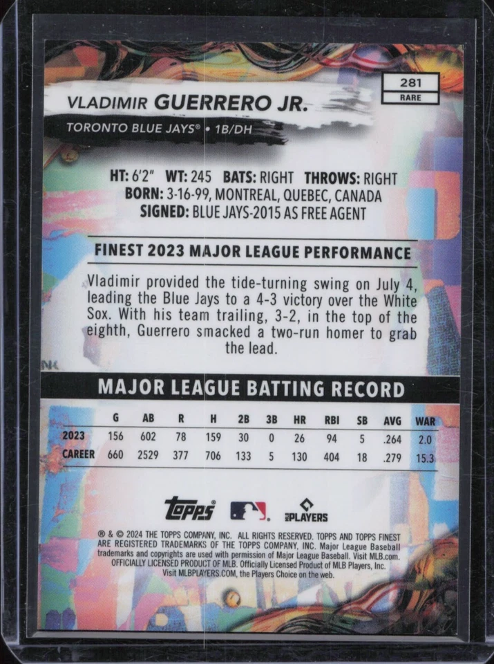 2024 Topps Finest Владимир Герреро Редкая Золотая Переливающаяся карточка /20 #281 - Изображение 2 из 2