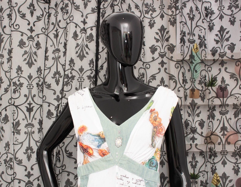 ELISA CAVALETTI Dress White Blue Mesh Tulle Floral Sleeveless Embellished XL - Image 3 of 4