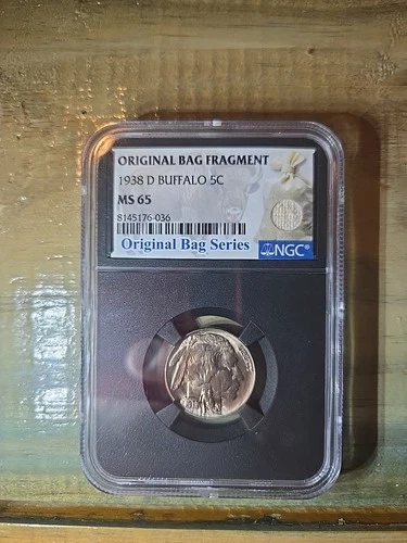 1938 D MS 65 Buffalo 5C with Original Bag Fragment NGC Slab